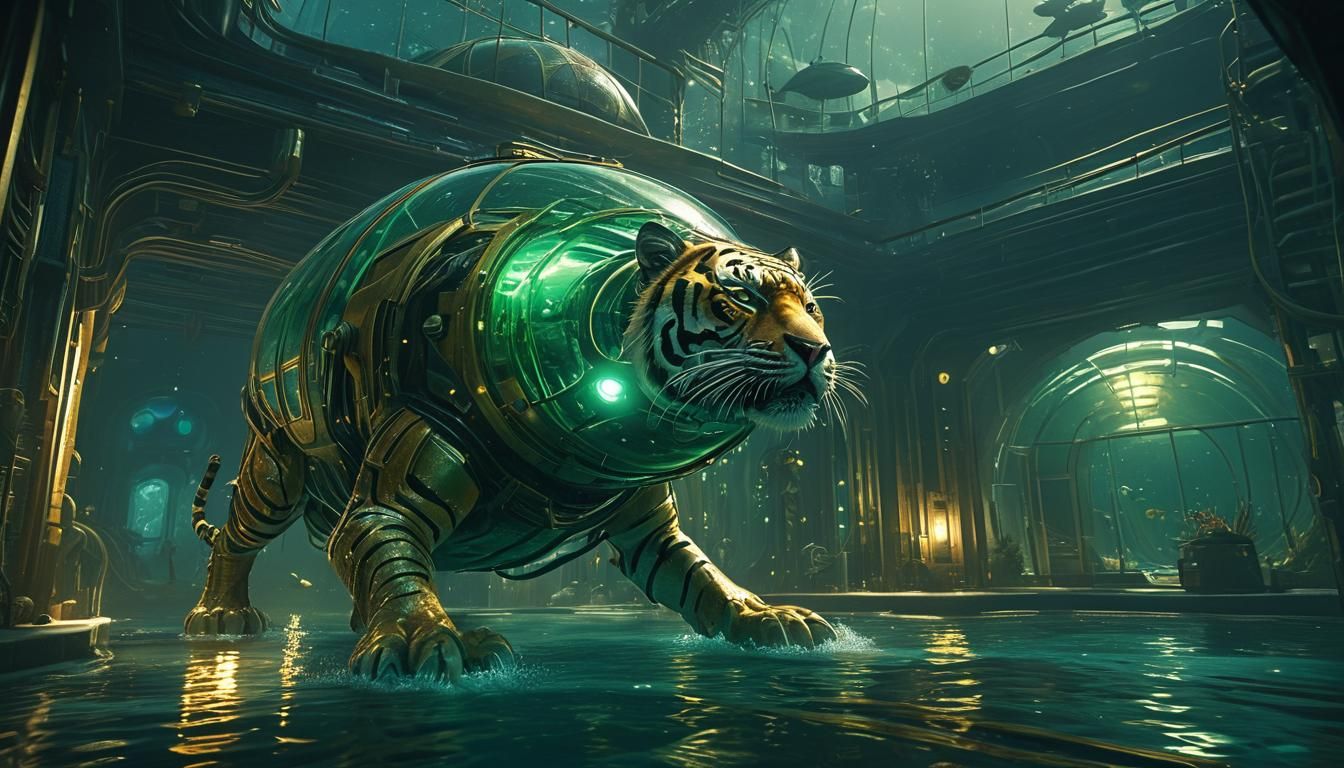 Futuristic Alien-Tiger Guard in Underwater Cityscape