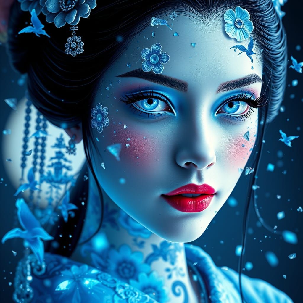 Cyberpunk Geisha Portrait with Shattered Glass Effect