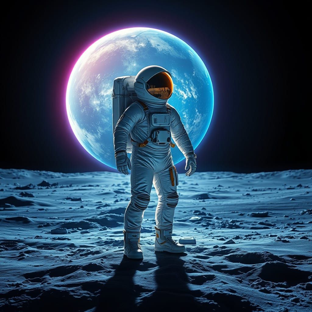 Moonlit Astronaut Contemplates Vibrant Earth in Neon Space