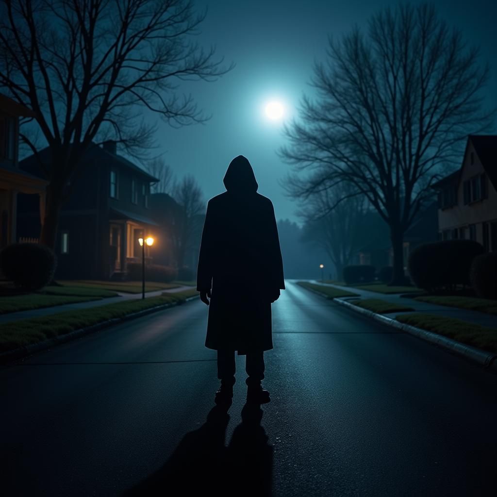 Eerie Halloween Night: Hooded Figure in Shadow