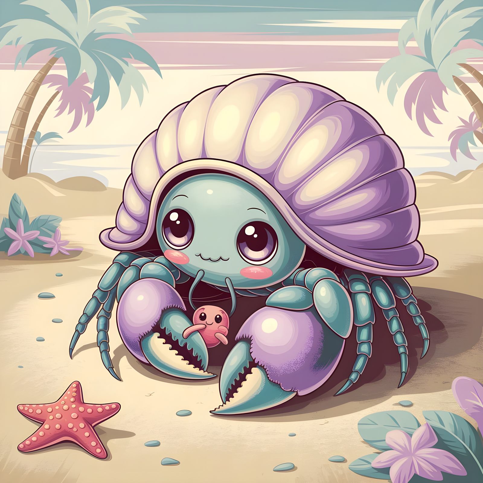 Kawaii Hermit Crab with Starfish on Pastel Beach