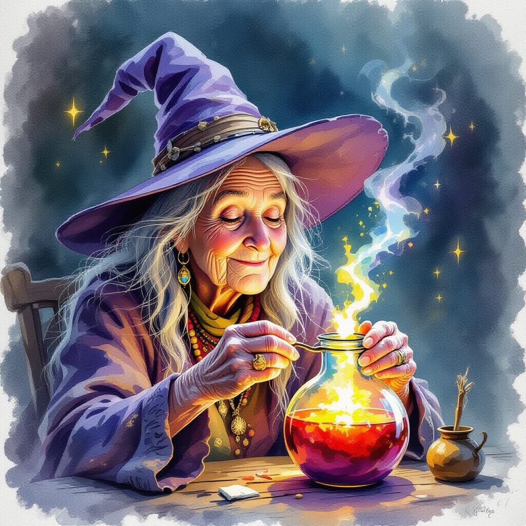 Aging Witch Drinks Magic Potion and Rejuvenates in Watercolo...