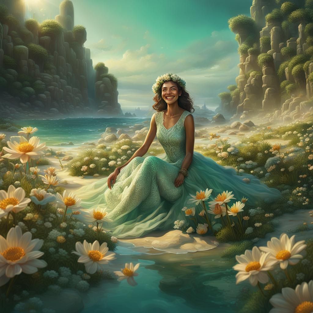 Smiling Woman on Beach at Sunrise