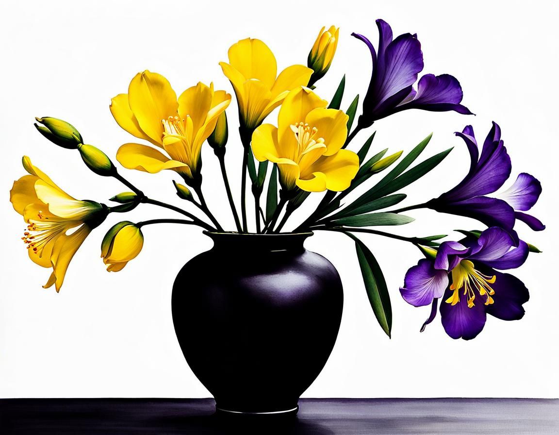 Freesia Blossoms in Vase: Chinese Ink Painting