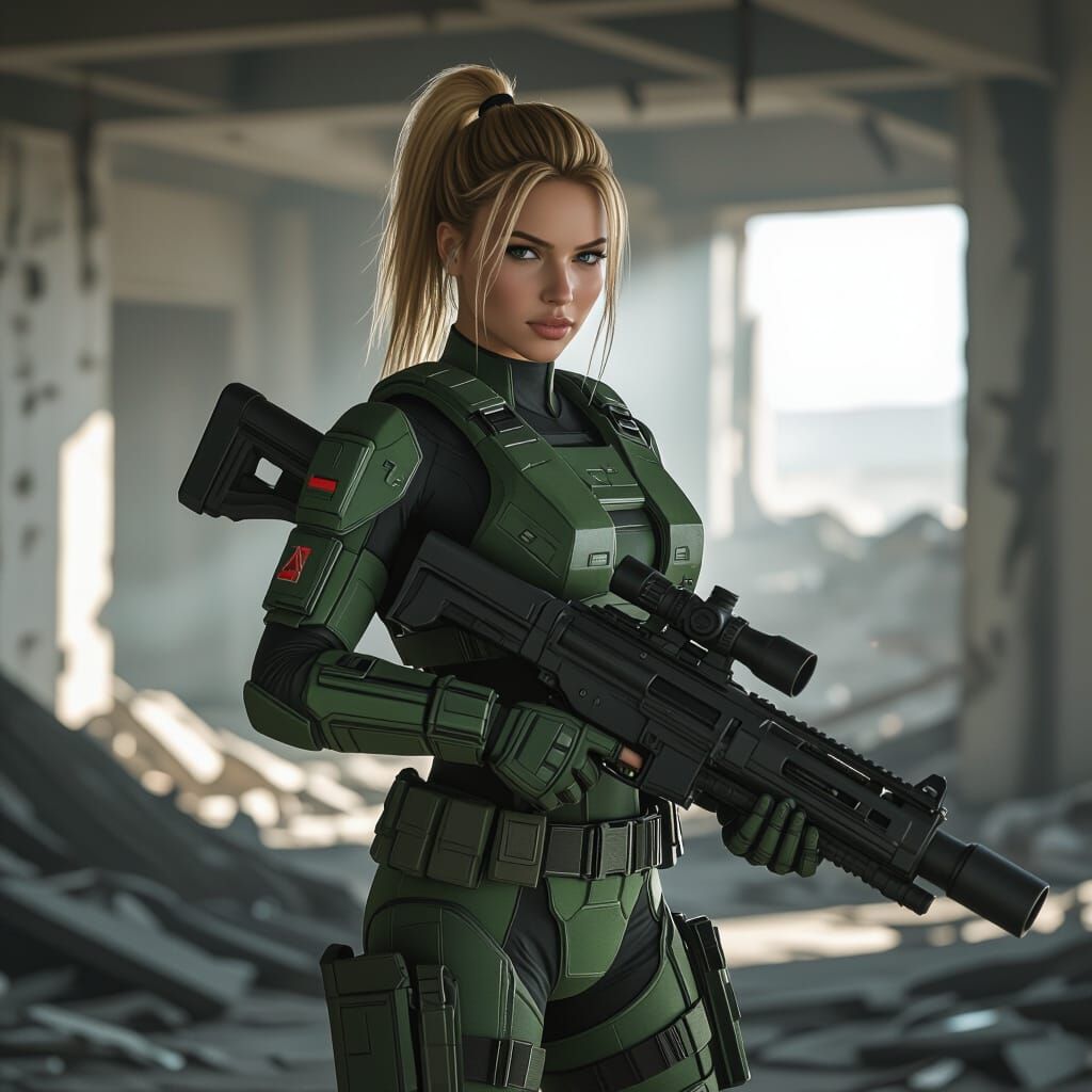 Confident Woman with Rocket Launcher in Ruined City