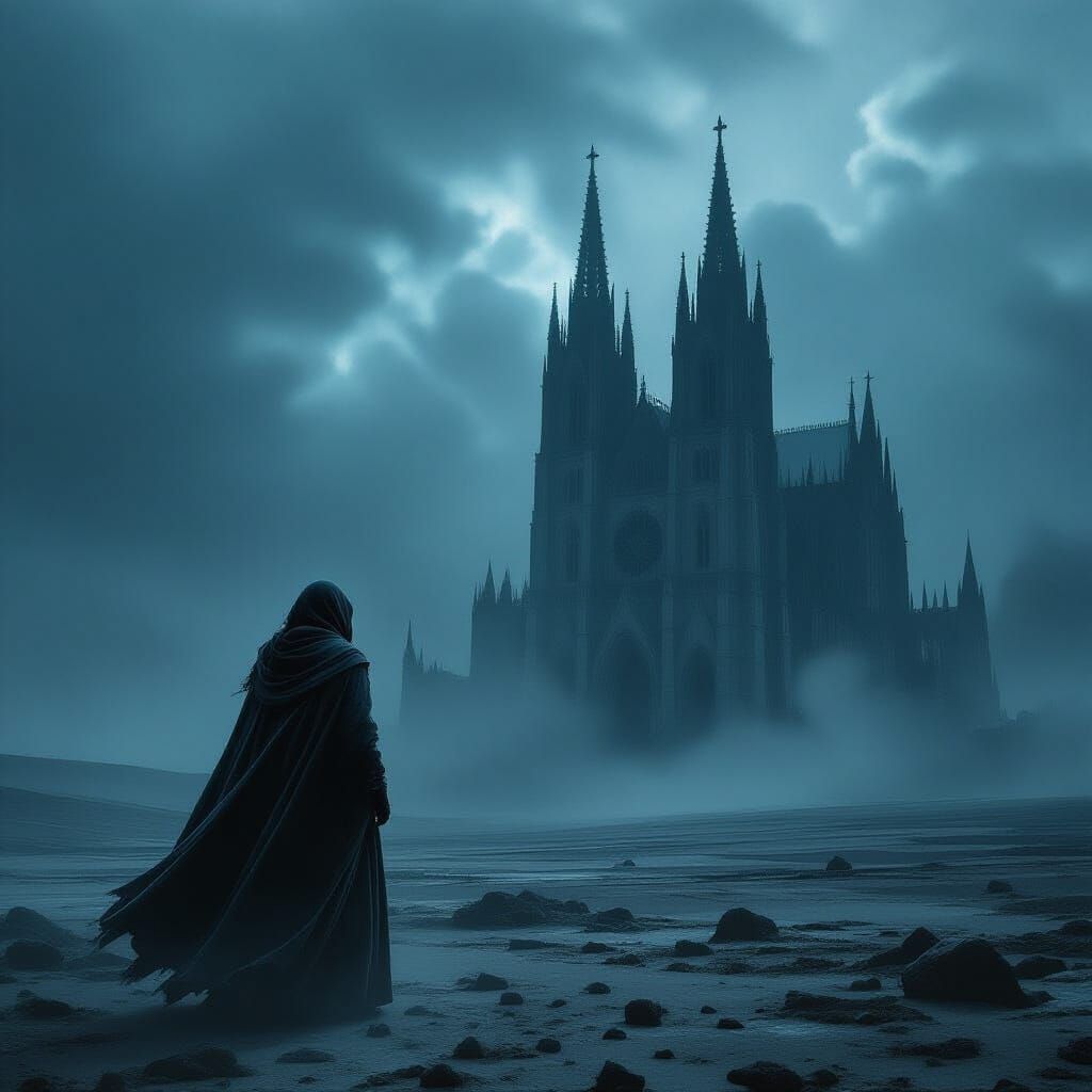 Solitary Woman Gazes at Gothic Cathedral Ruins in Stormy Twi...