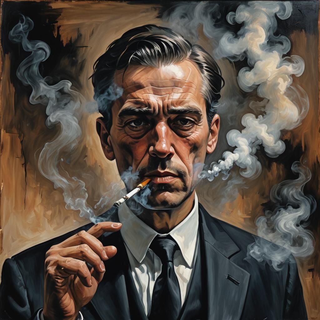 Surreal Portrait of Man Smoking in Oil Paint Style