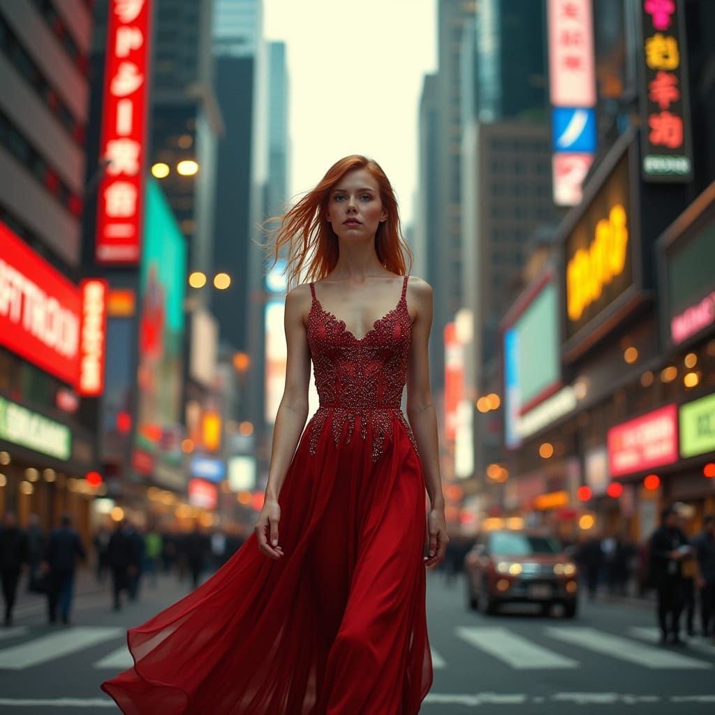 Redhead in Red Gown Strolls City Street