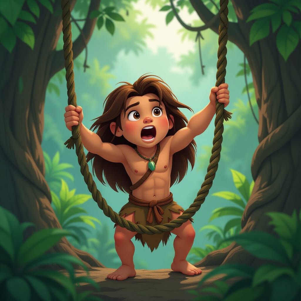 Muscular Boy Swings Through Jungle in Pixar Style