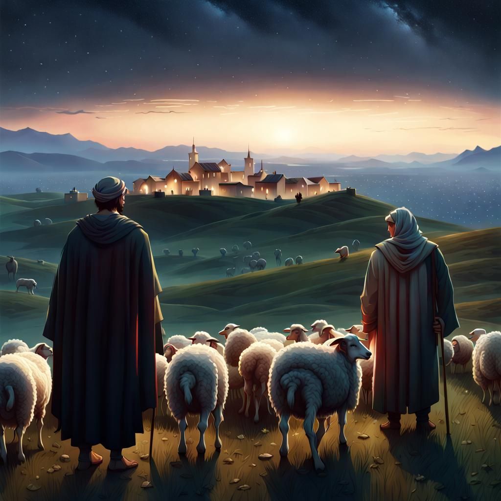 Shepherds Gaze at Distant Town in Starry Night