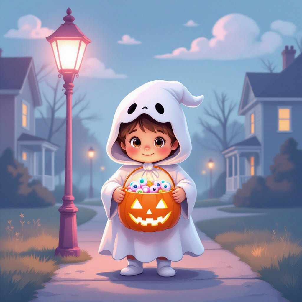 Pastel Cartoon Child in Ghost Costume with Eerie Candy Bucke...