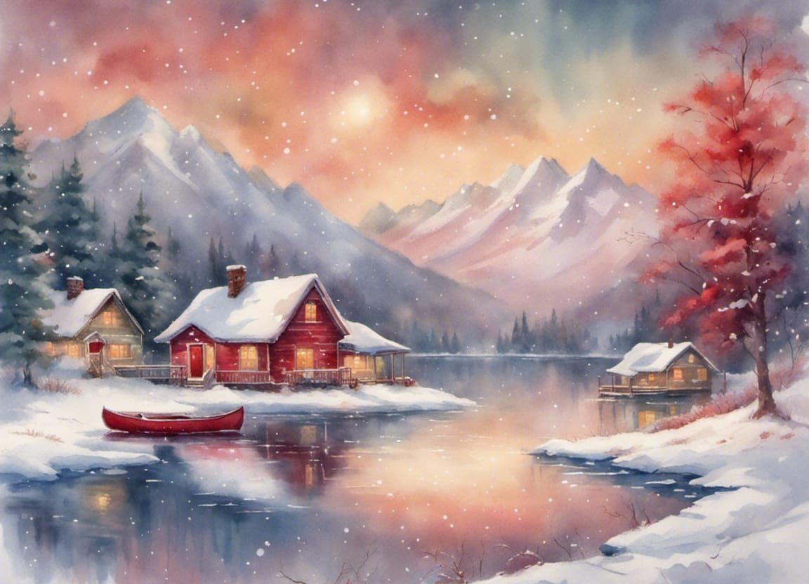 Snowy Lake With Canoe: Watercolor in Kinkade Style
