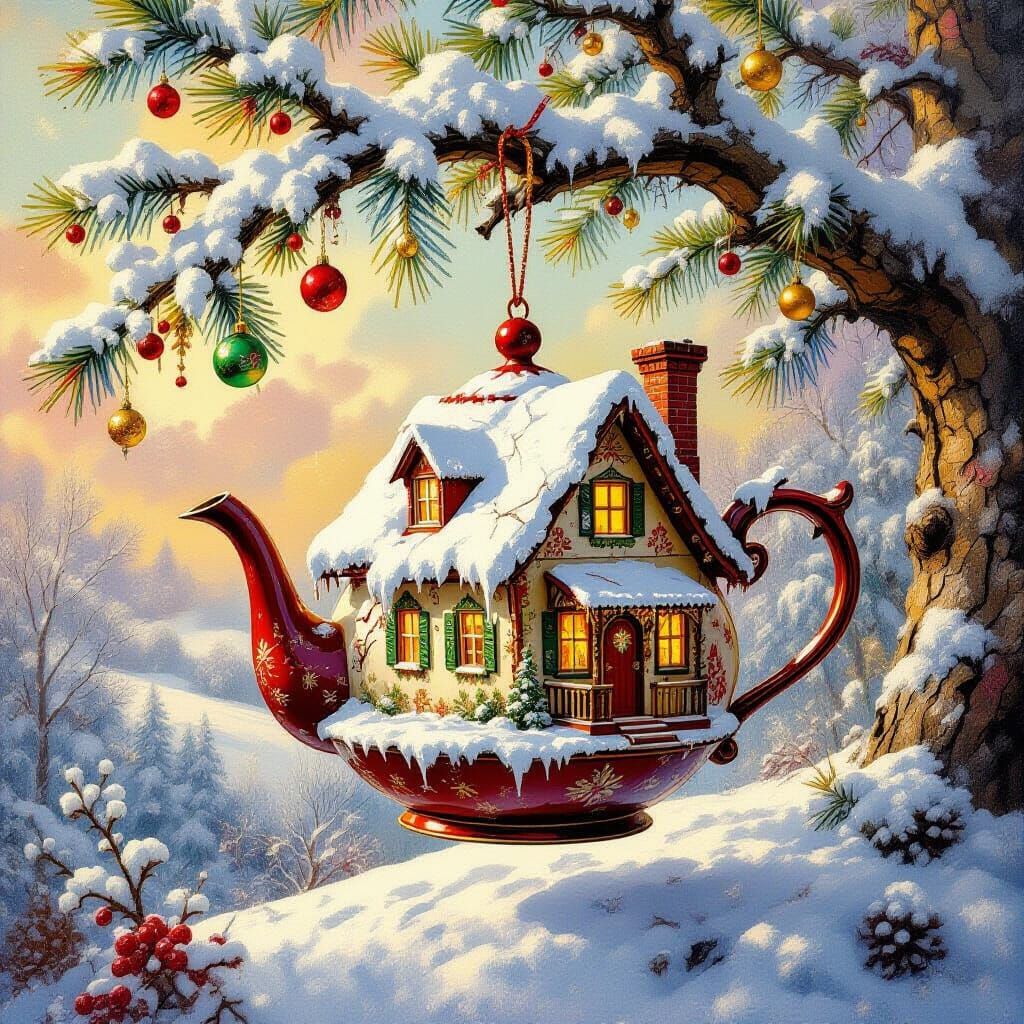 Whimsical Teapot House on Snowy Branch