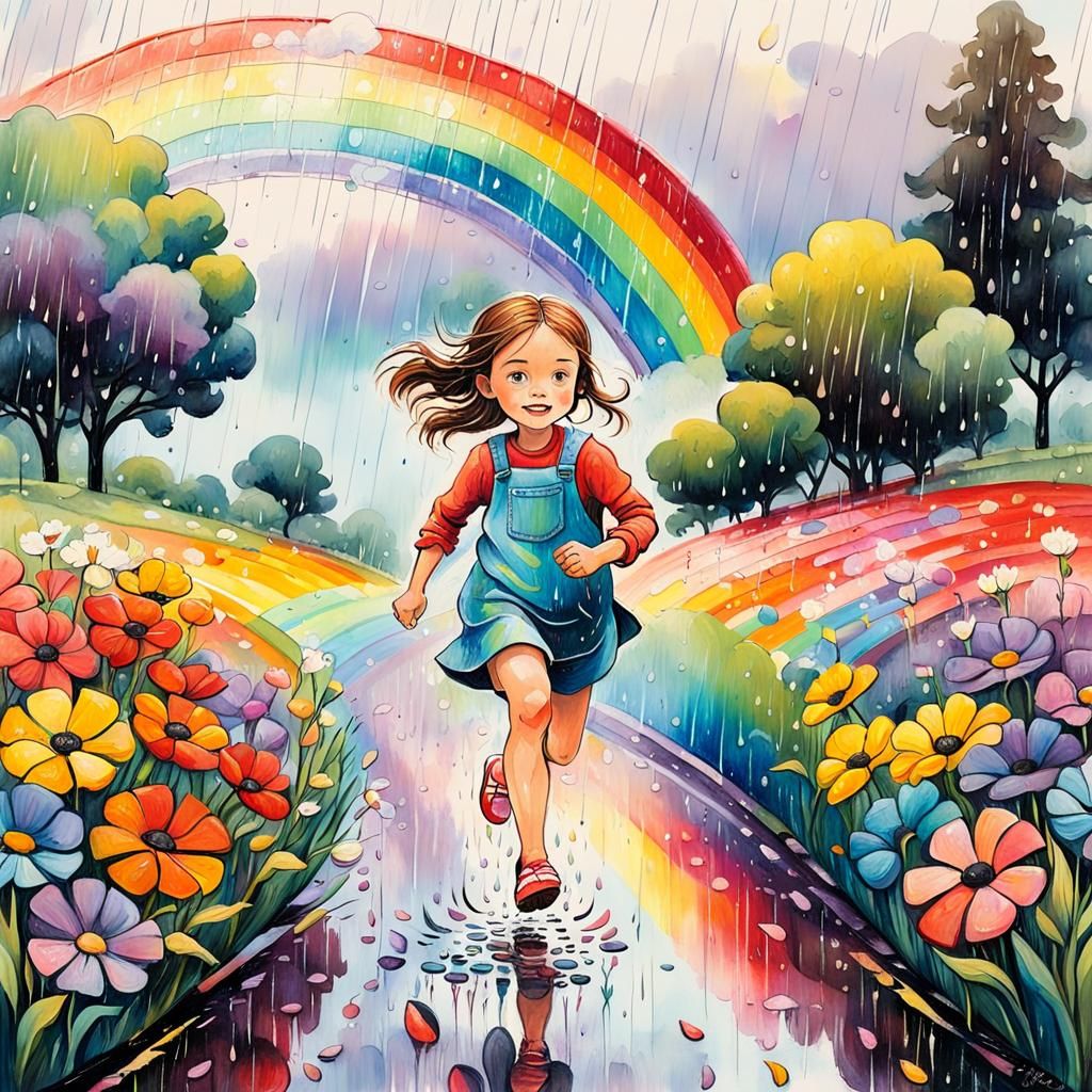 Girl Runs Through Rainbow: Whimsical Folk Art Oil Painting