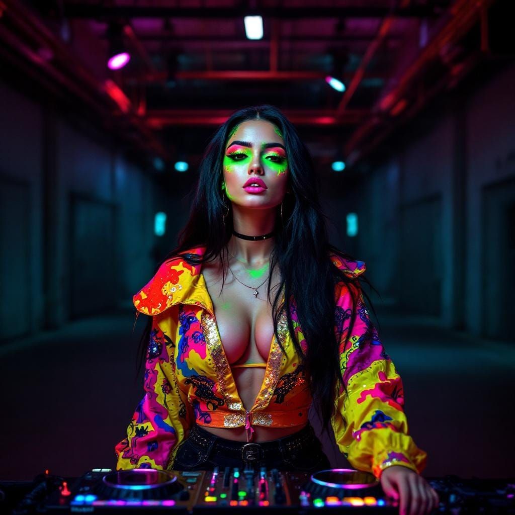 Rave Girl at DJ Booth in Warehouse