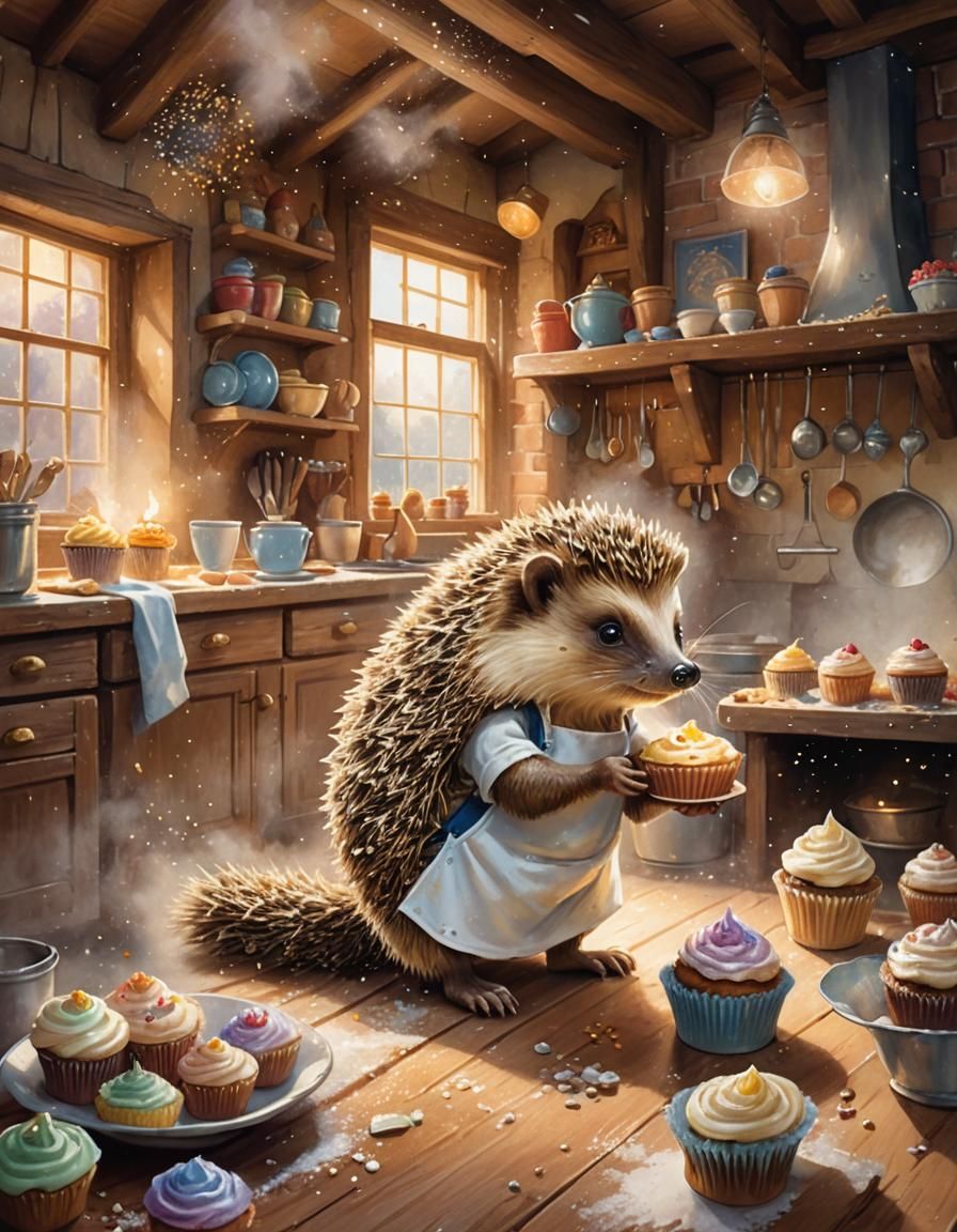 A hedgehog baking cupcakes in a cozy kitchen, with sprinkles...