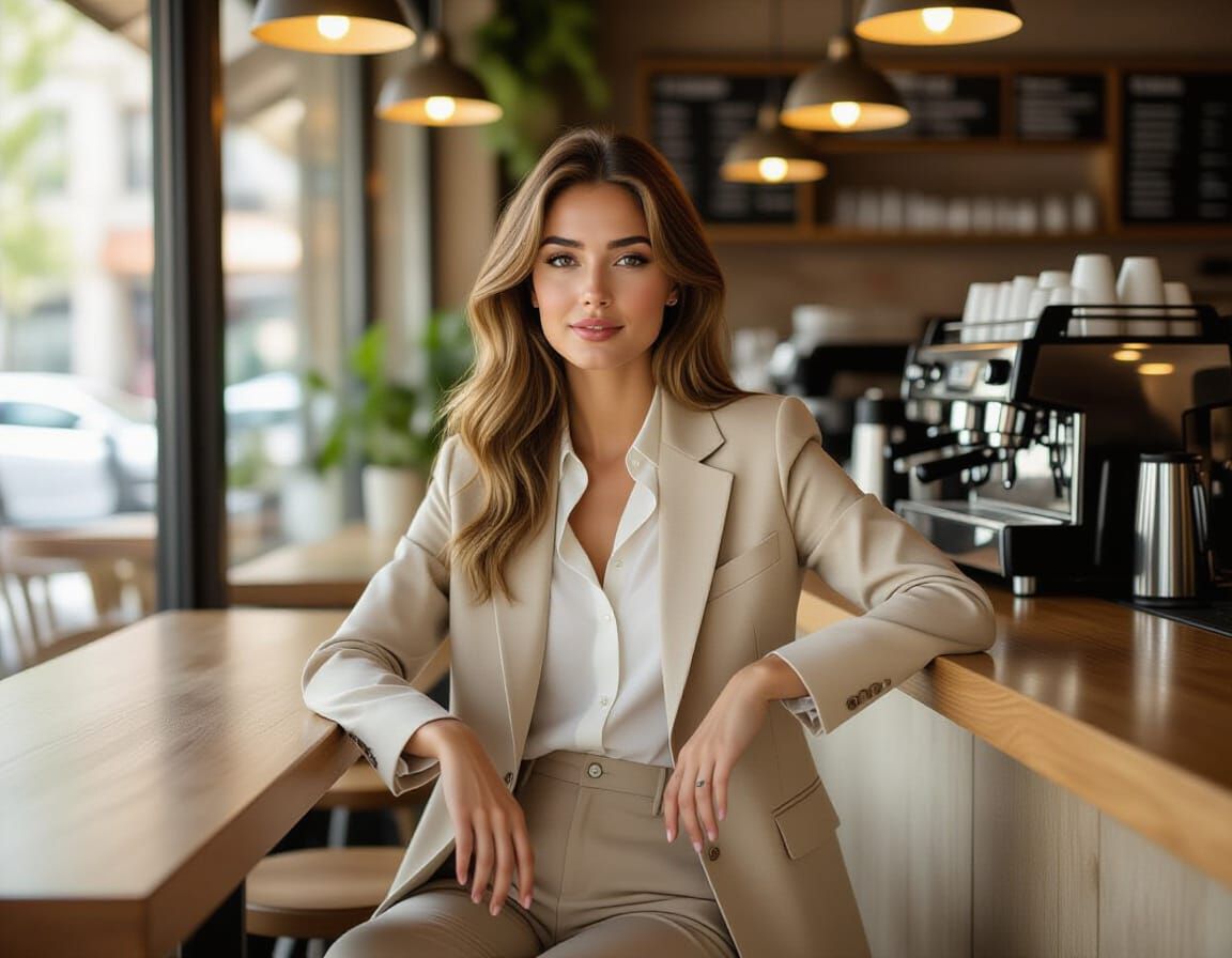 Stylish Woman Poses at Cafe Bar Counter in Beige Pantsuit
