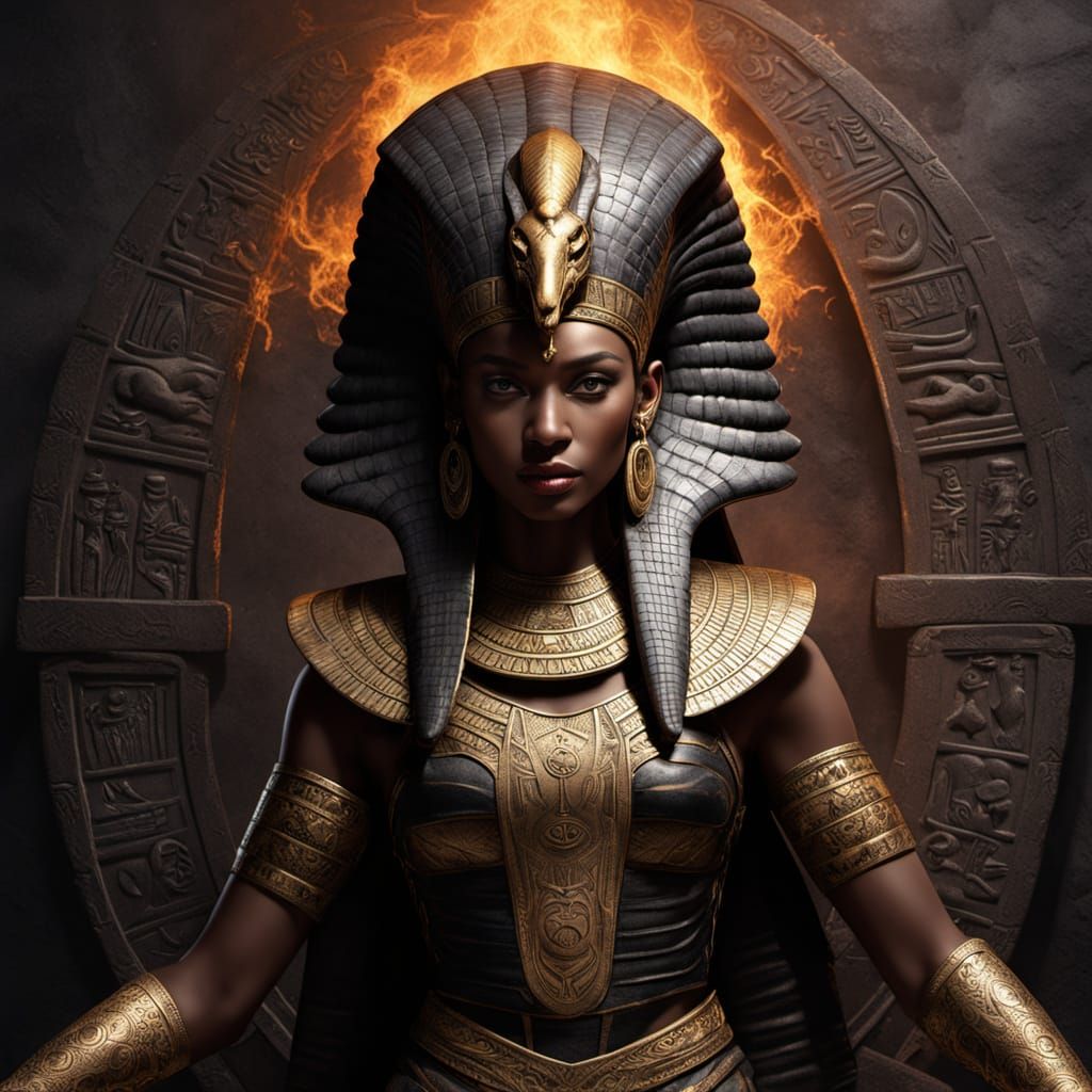 Egyptian Queen on Cobra, Regal Armor, Mystical Setting