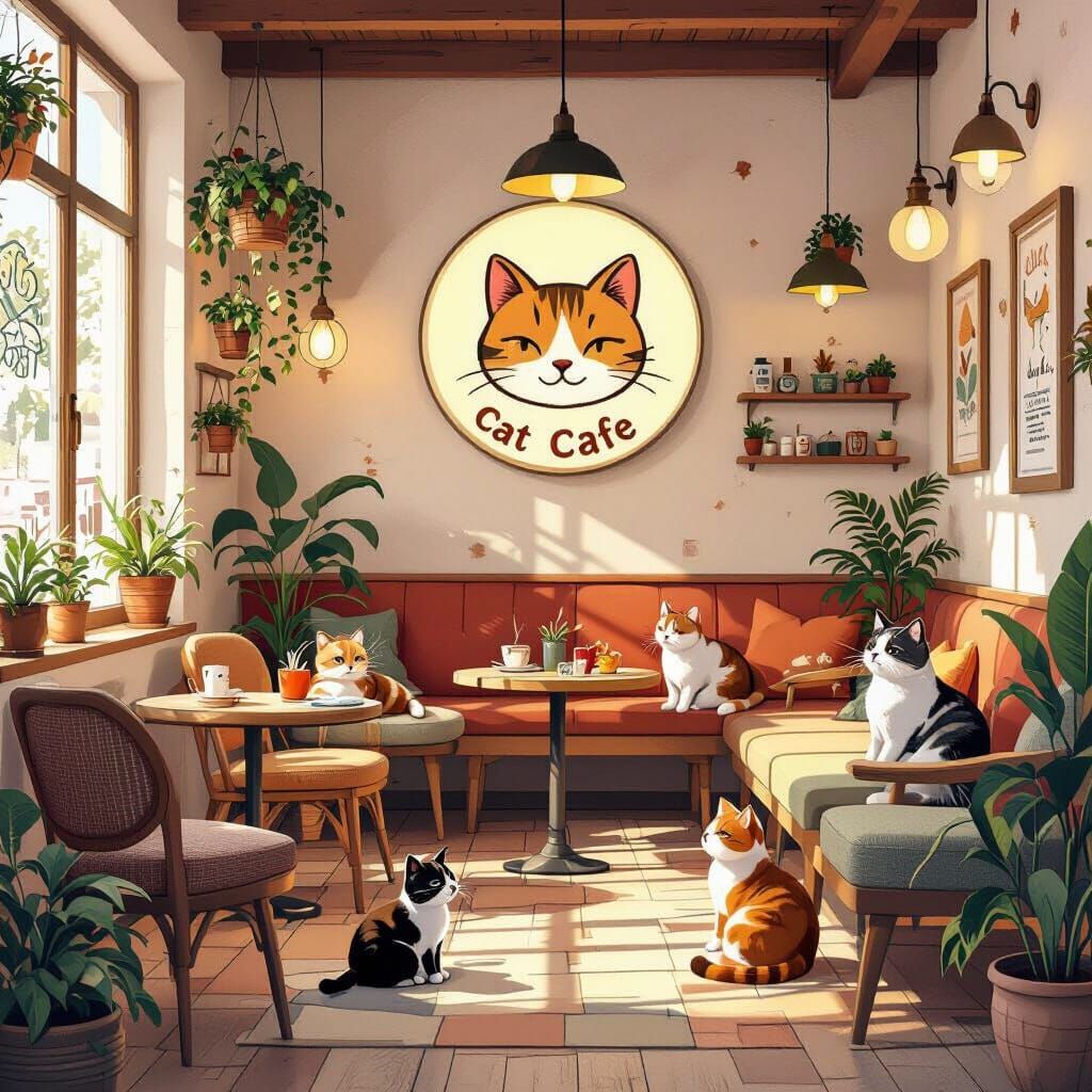 Cozy Cat Cafe in Zagreb in Digital Art Style