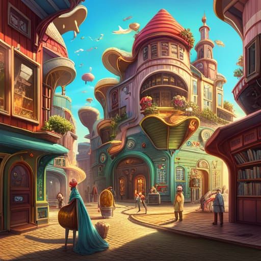 Whimsical Fantasy Town with Big-Eyed Creatures