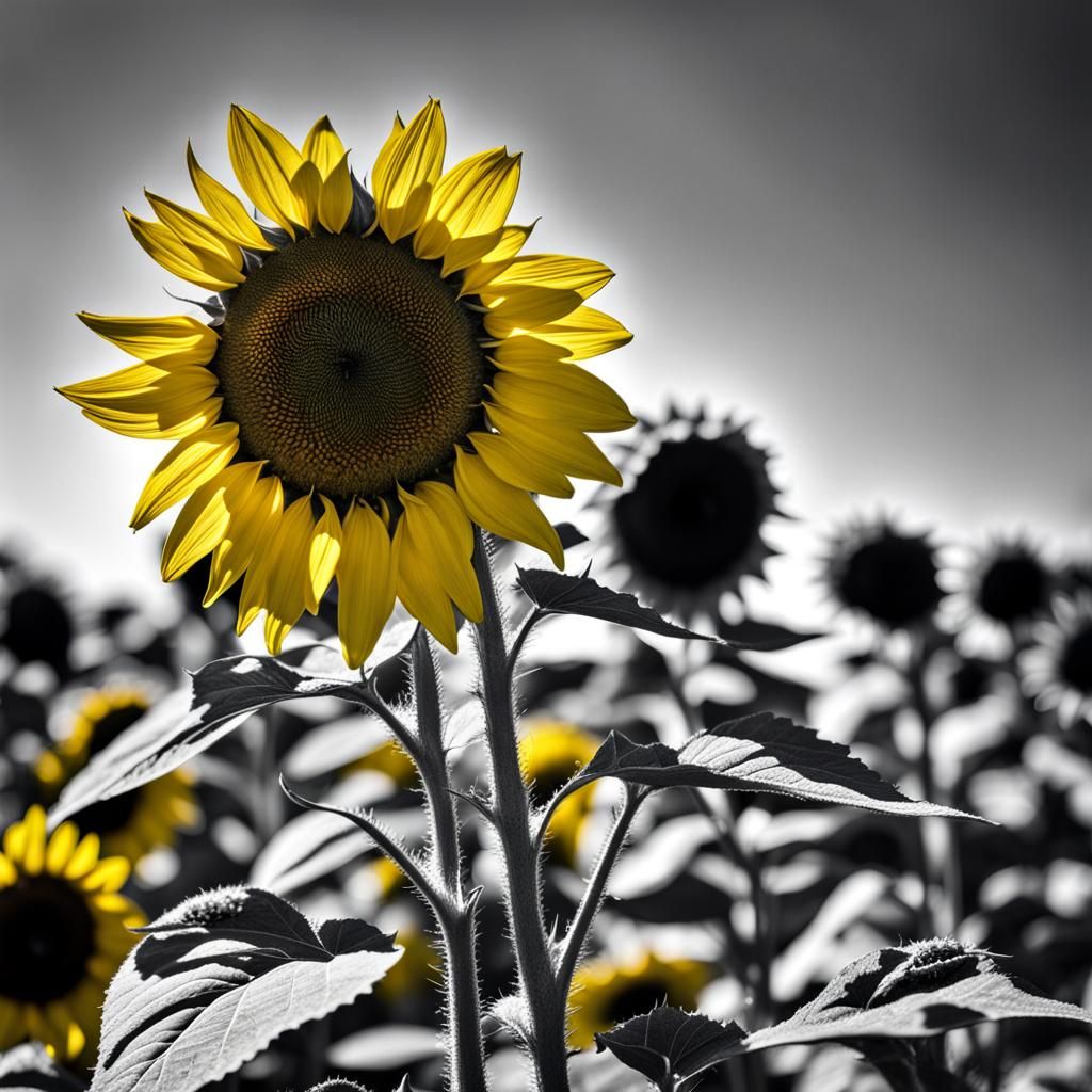 Monochrome Field with Single Yellow Sunflower