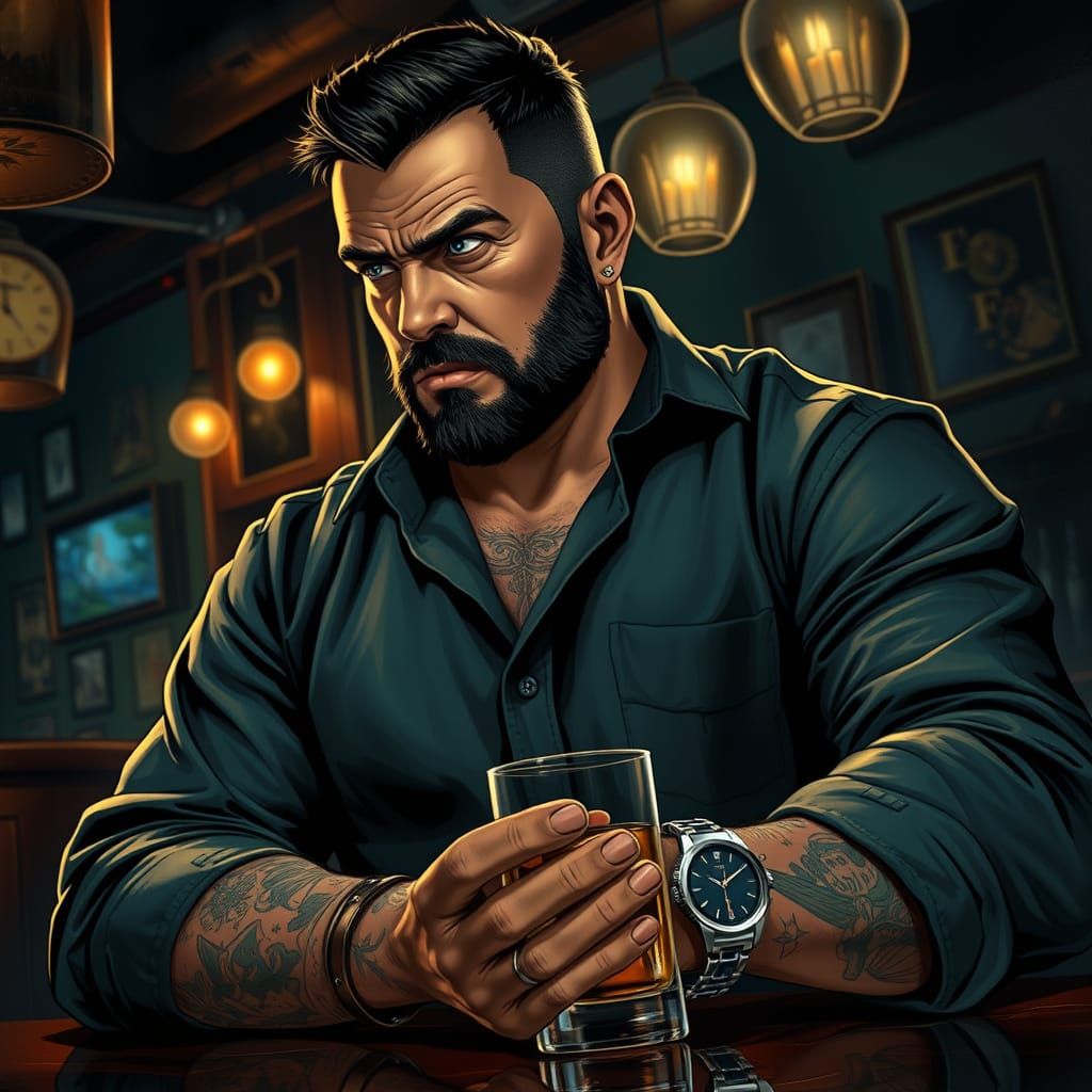 Tough Man with Battle-Scarred Face and Piercing Gaze