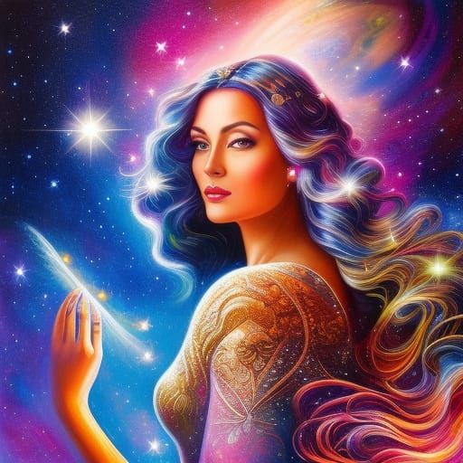 Woman with Galaxy Hair in Cosmic Space