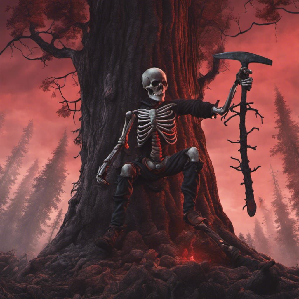 Skeleton Lumberjack Chopping Redwood: Detailed Matte Paintin...