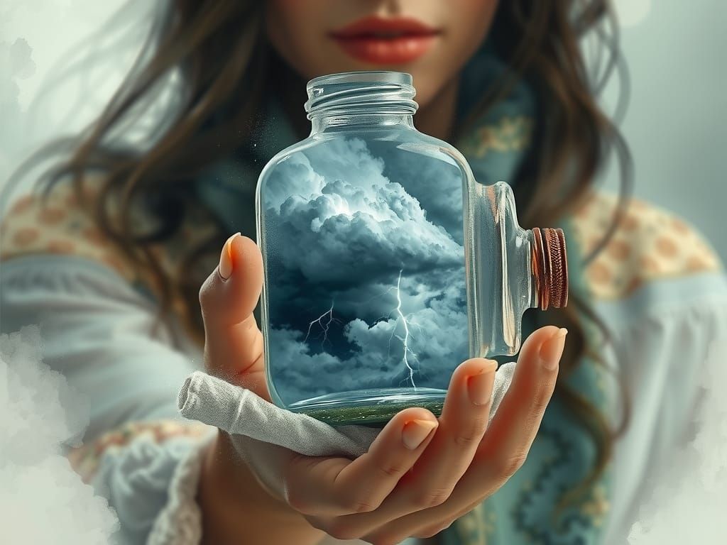 Woman Holds Storm in Bottle: Digital Watercolor Painting