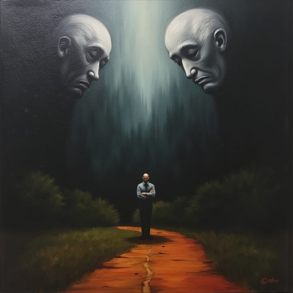 Man Contemplates Fork in Road in Surrealist Style