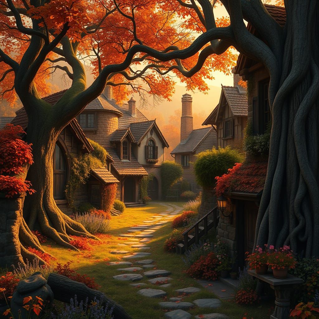 Dreamlike Autumn Village Scene in Earthy Tones