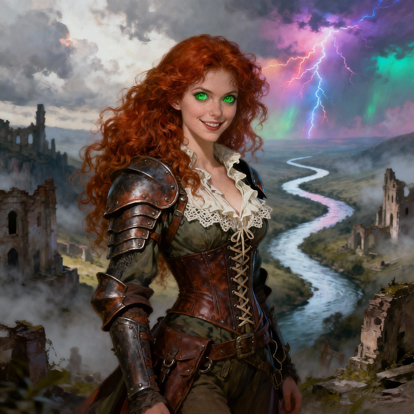 Woman in Armor in Ruined Valley with Multicolored Lightning