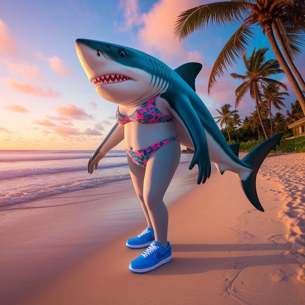 Surreal Shark on Beach in Sneakers and Bikini