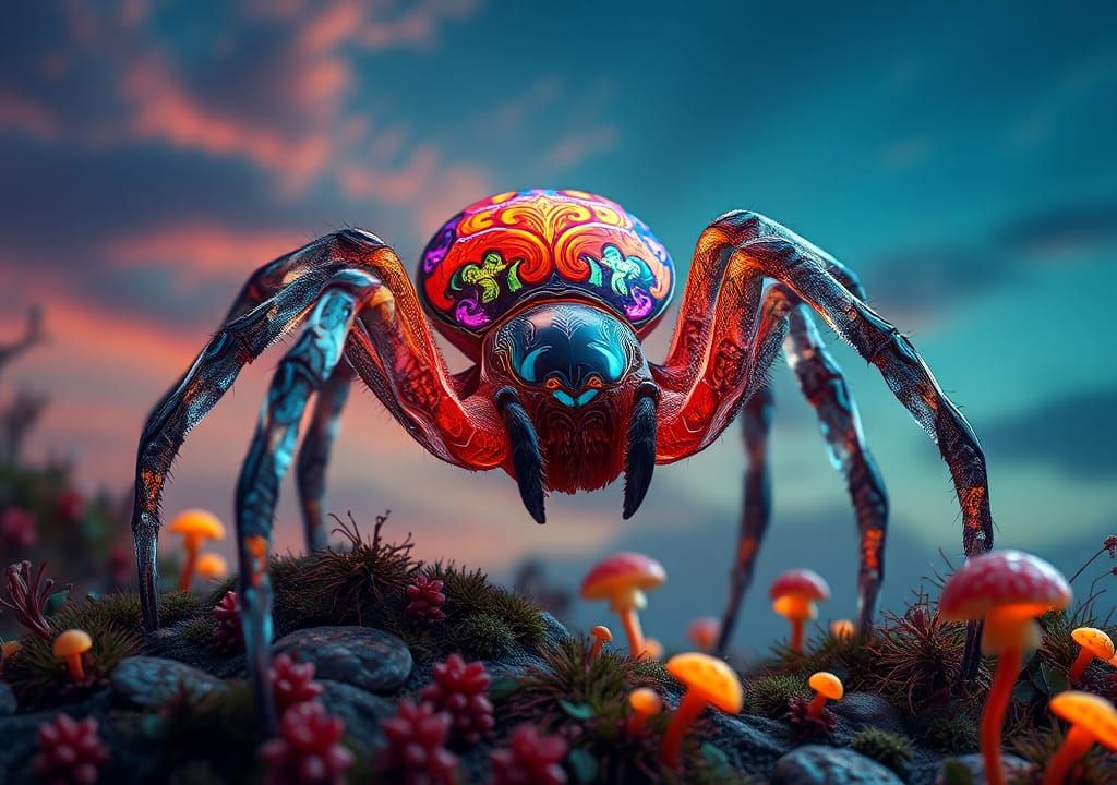 Iridescent Spider in Dreamlike Environment, Digital Art