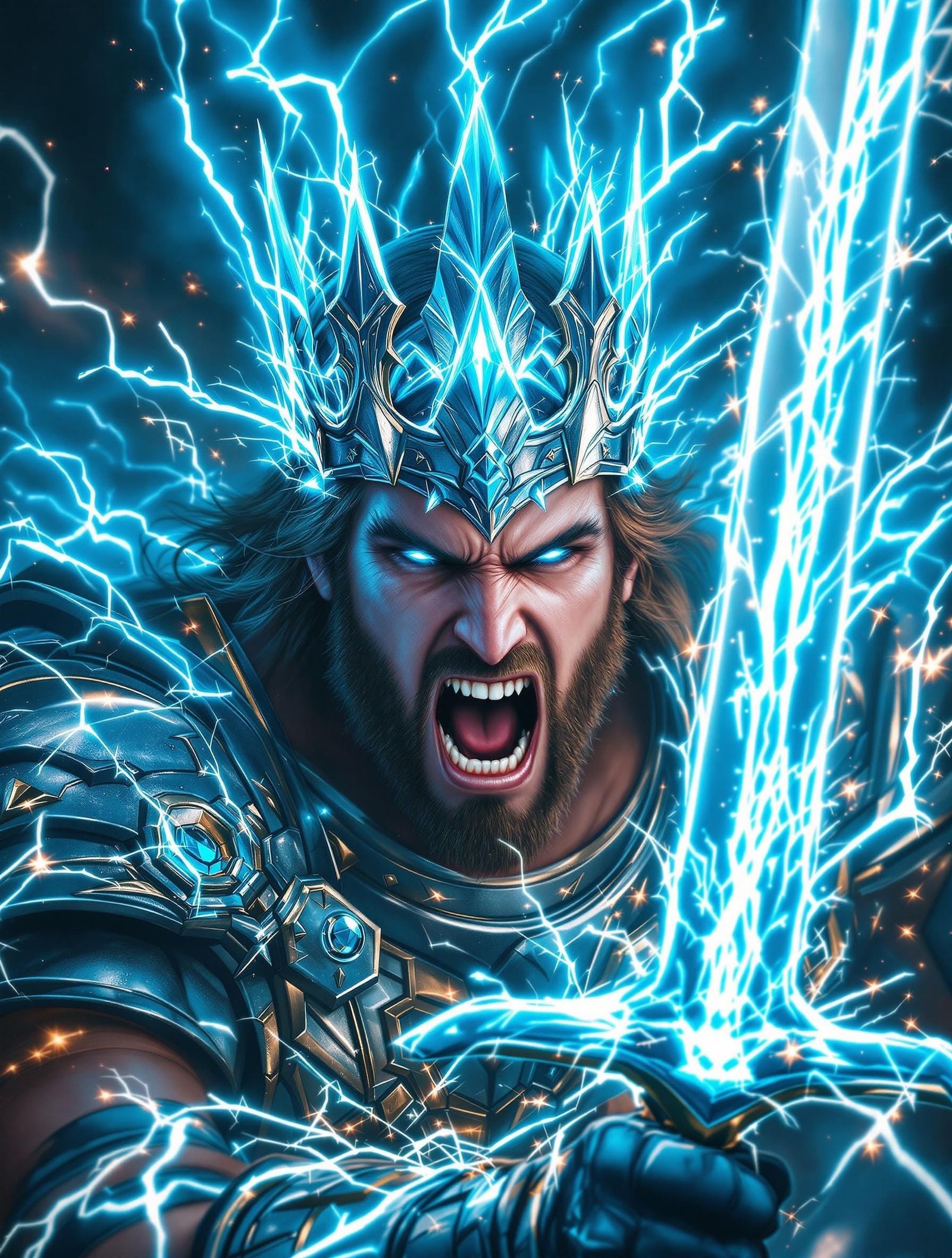 Heroic Warrior in Mid-Power-Up, Surrounded by Electric Aura