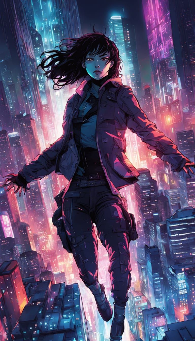 Cyberpunk Anime Goddess Leaps into the Neon Cityscape