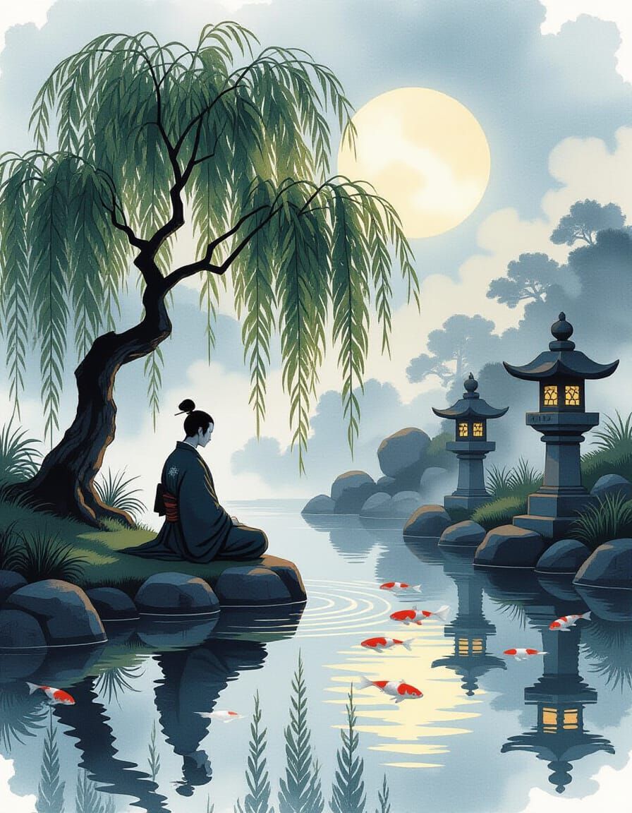 Haunted Japanese Garden at Twilight, Samurai Meditation