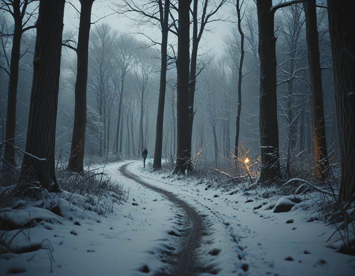 Snowy Woods At Dusk Cinematic Film Still