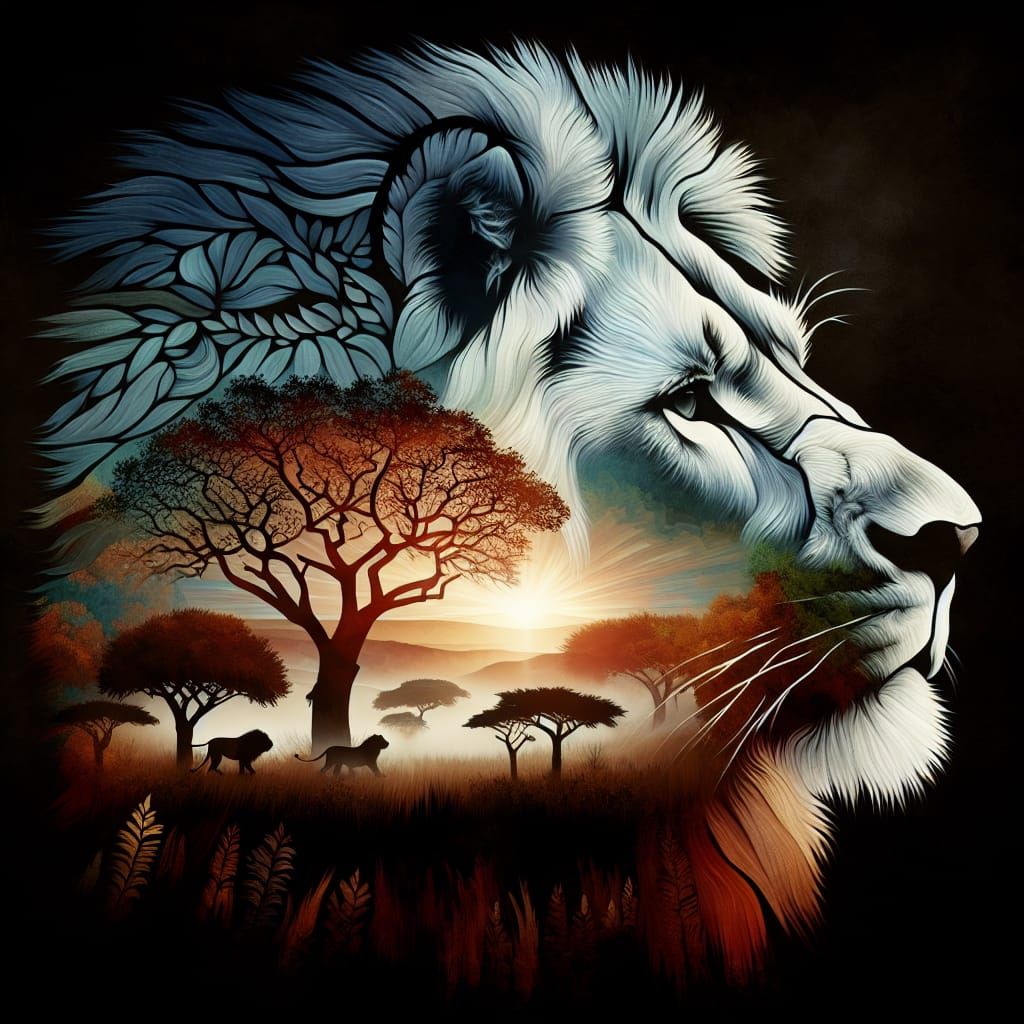 Lion Stained Glass Window Double Exposure Painting