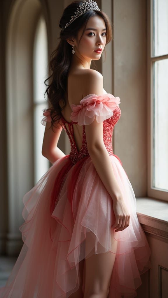 Princess in Elegant Baroque Dress by Arched Window