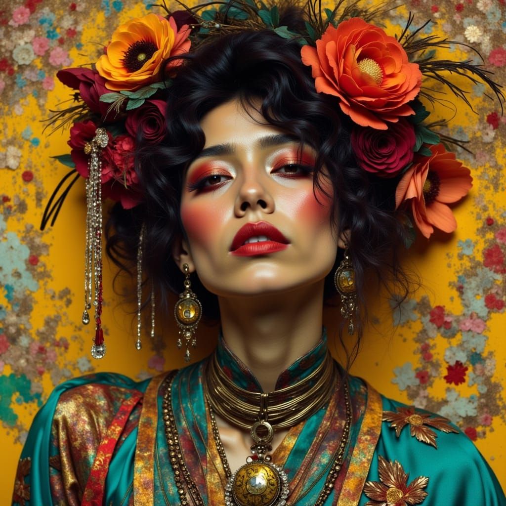 Punk Geisha Portrait in Vibrant Art Nouveau Style