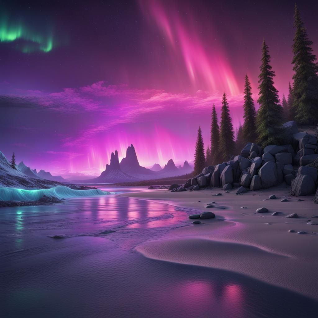Aurora Borealis Over a Fantasy Beach