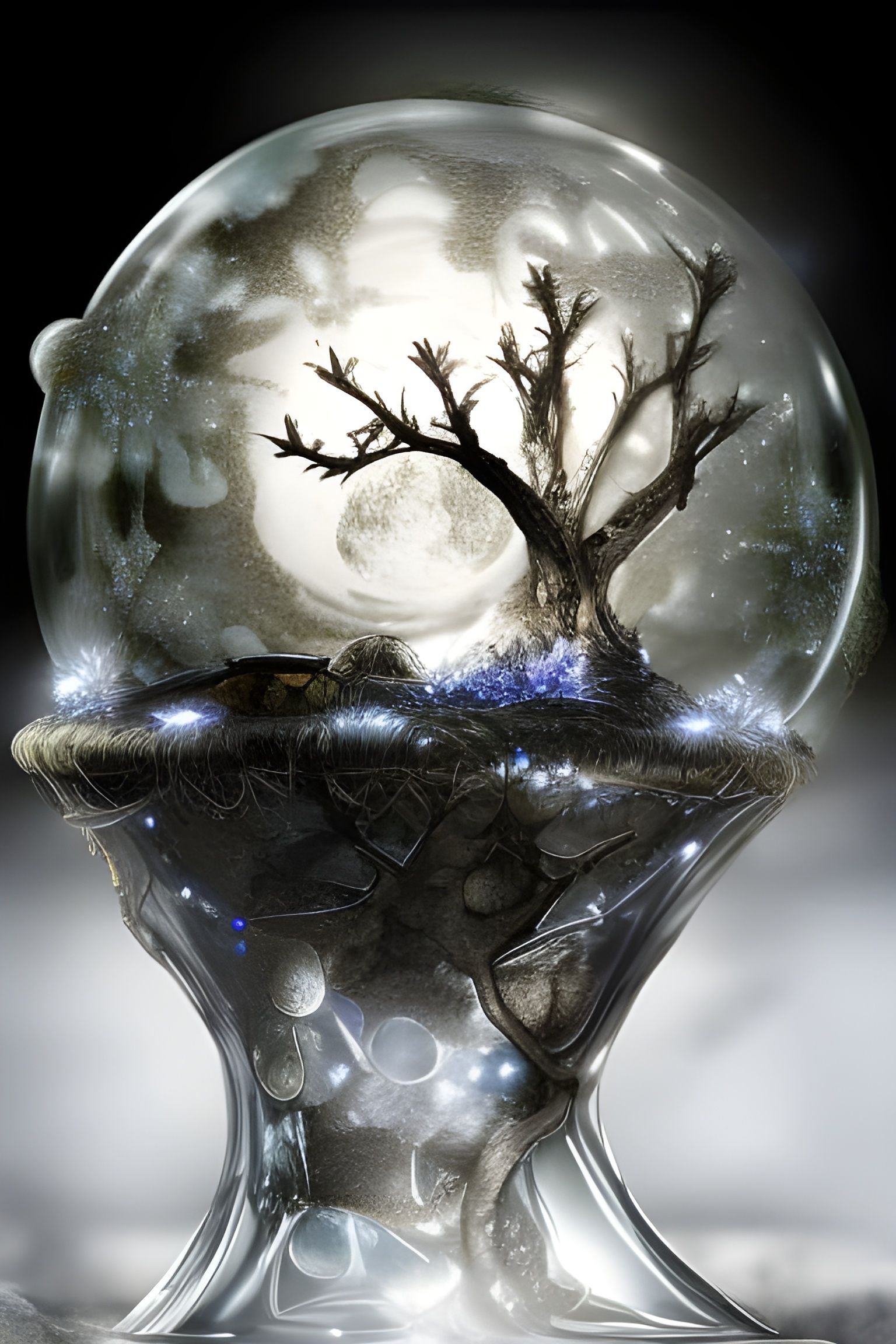 Clockpunk Crystal Bonsai Village under Moonlight