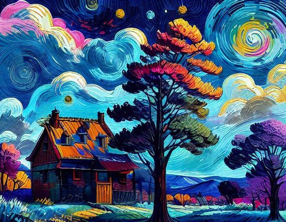 Van Gogh Style Fiery Sky Over Ruined Village