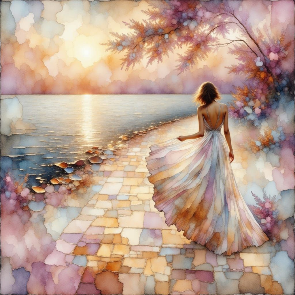 Ethereal Woman on Seaside Boardwalk in Painterly Watercolor ...