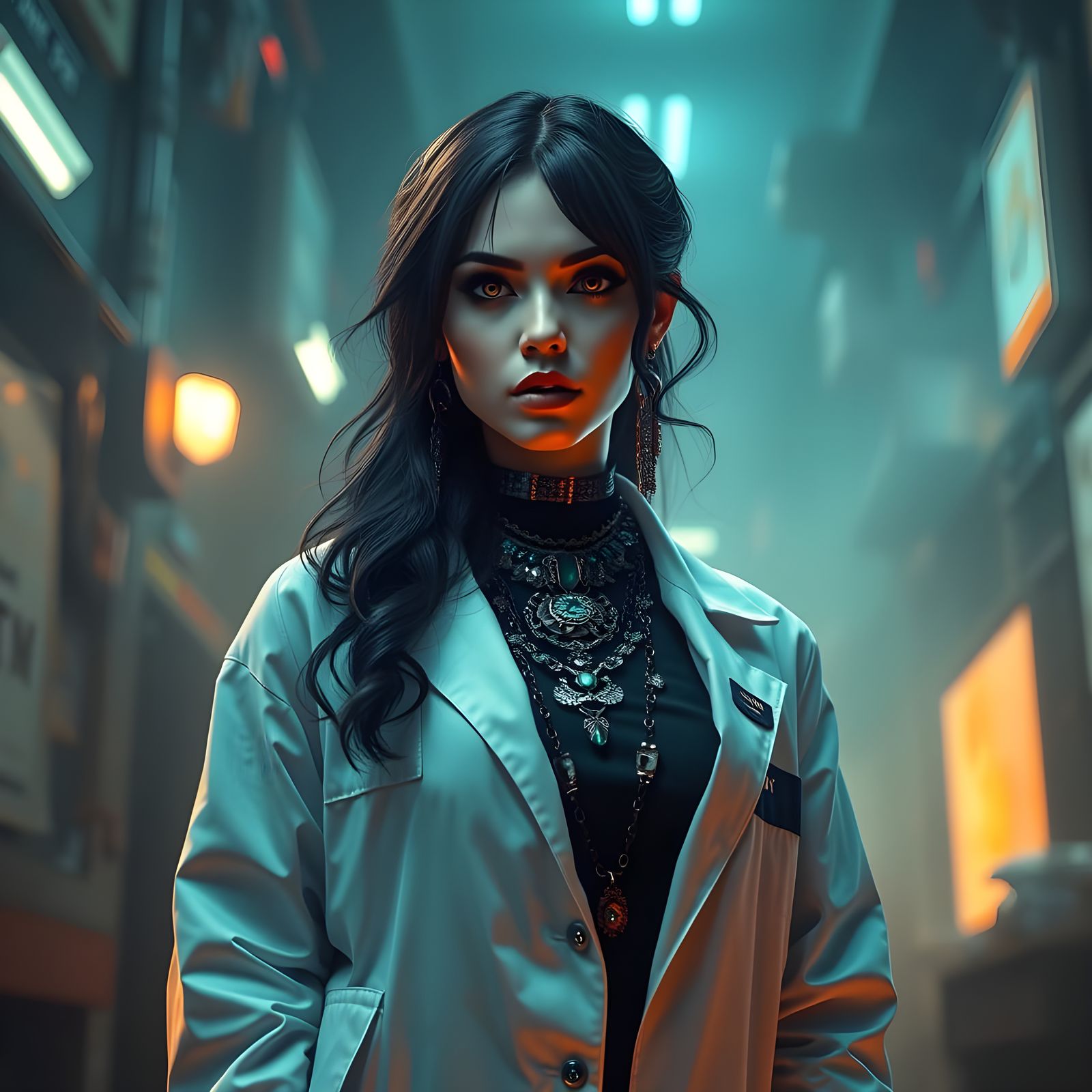 Hyperrealistic Goth Woman Portrait in Lab Coat