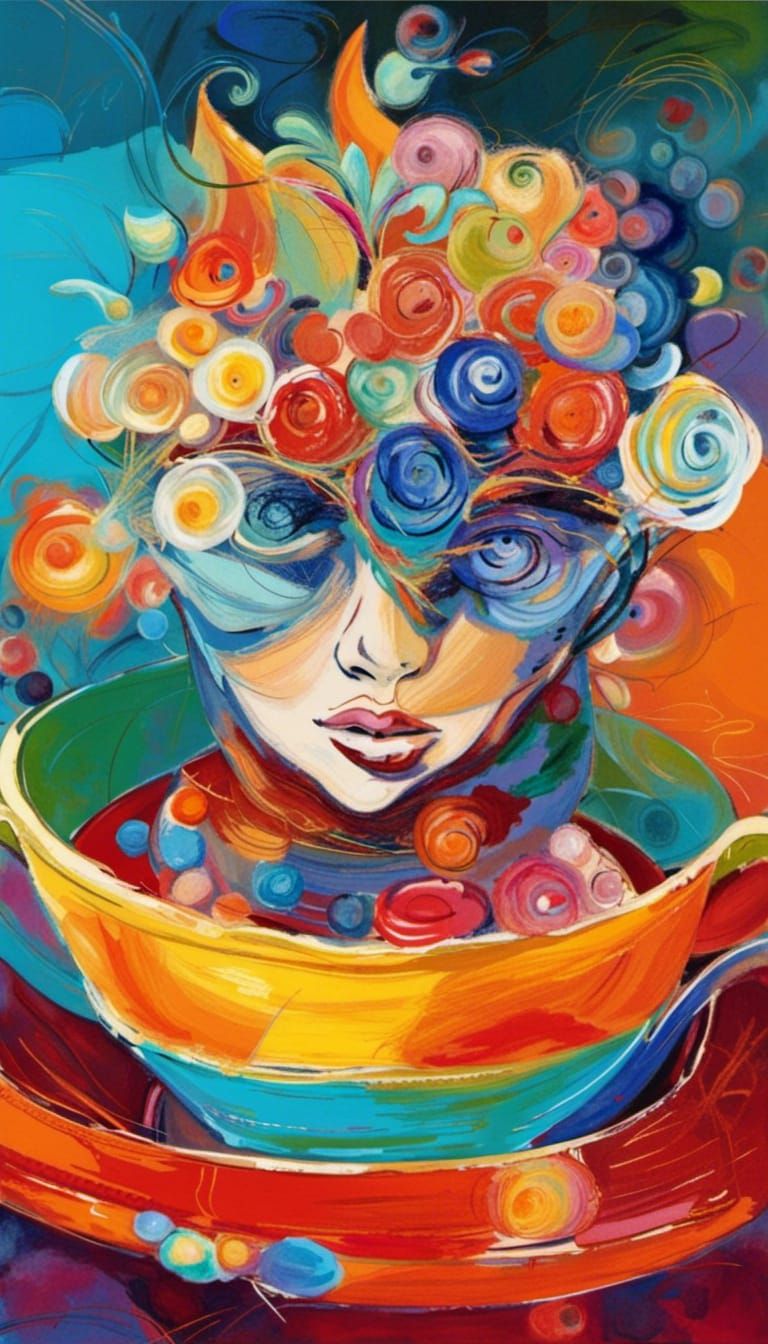 Teacup Pixie in Stacked Cups: Abstract Art