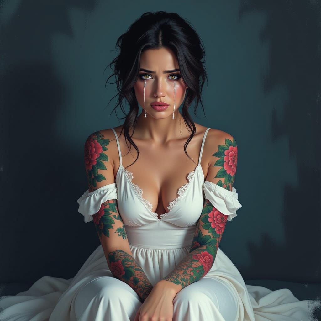 Woman with Tattoos and Tears, in Digital Art Style