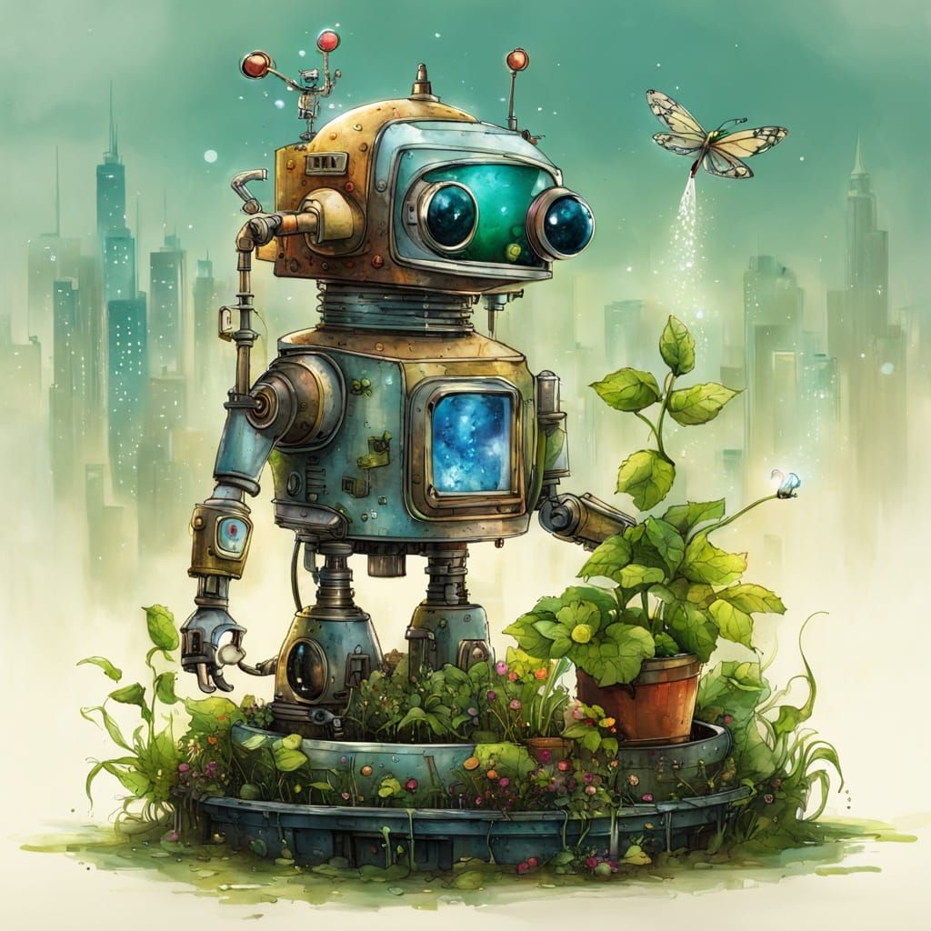 Surreal City Garden Blooms with Whimsical Robot Care