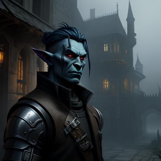 Elf-Orc Cyberpunk Thief in Medieval City